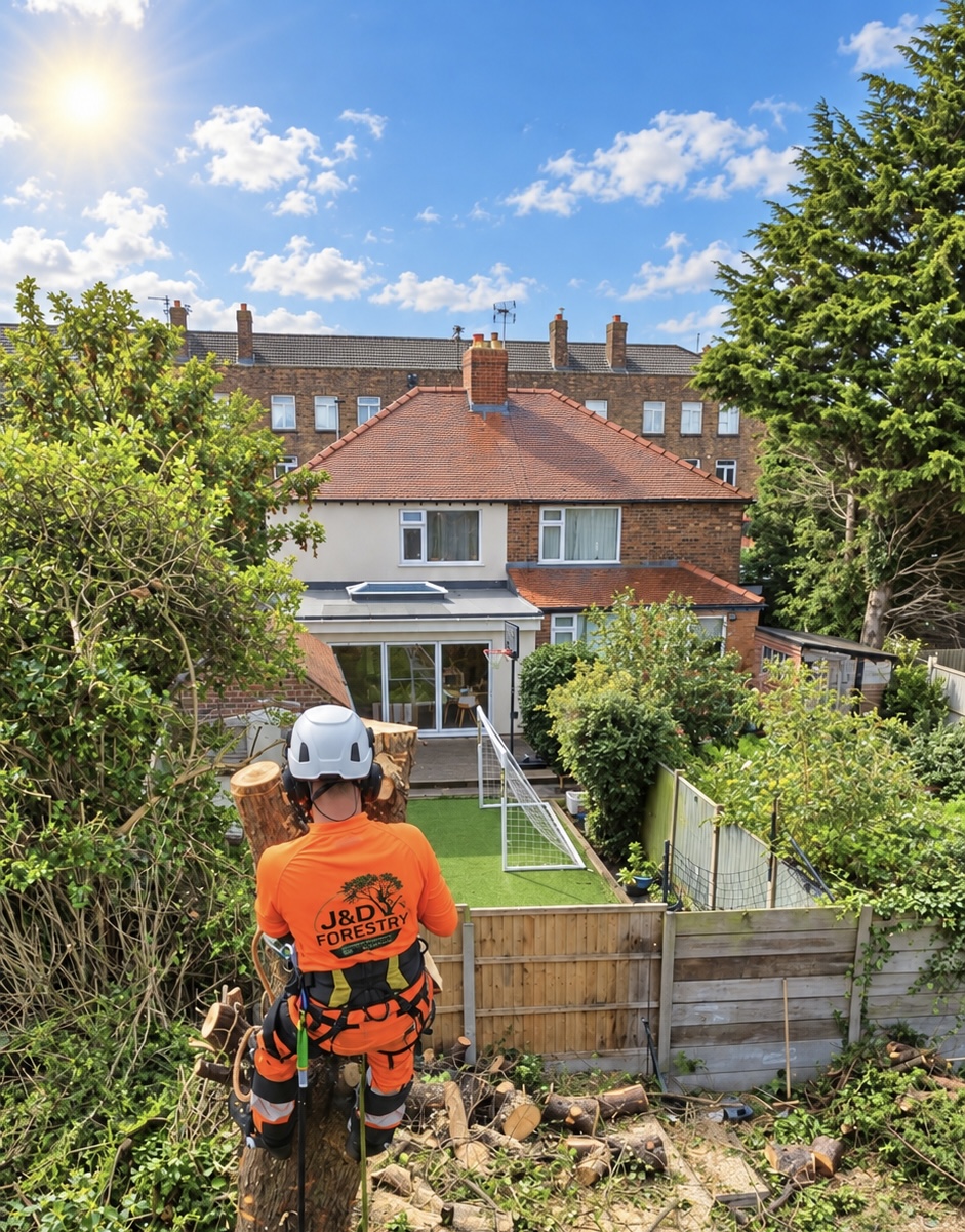 James David Forestry Ltd climber high up on a tree during a job